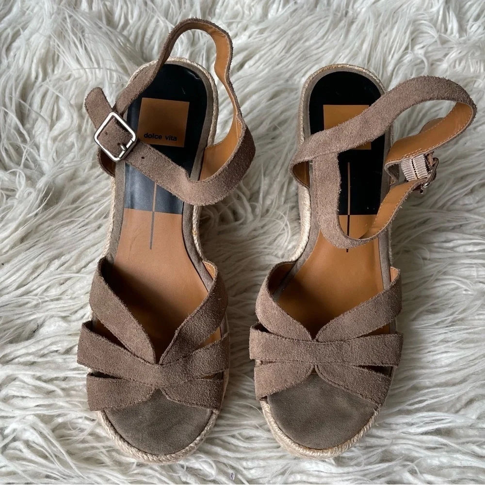 Dolce Vita Light Taupe Brown Suede Open Toe Espadrille Platform Wedge EUC Sz 8.5